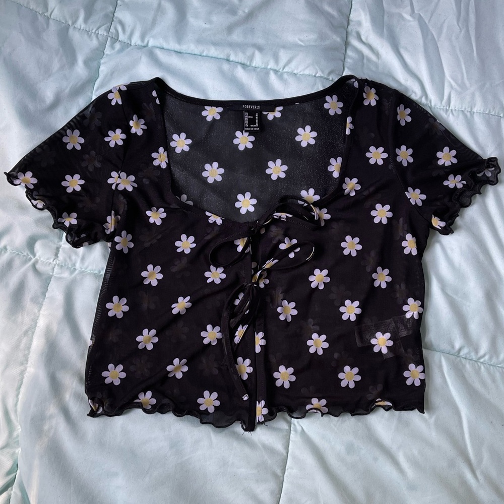 Forever 21 Mesh Black with White Flowers short sleeve top